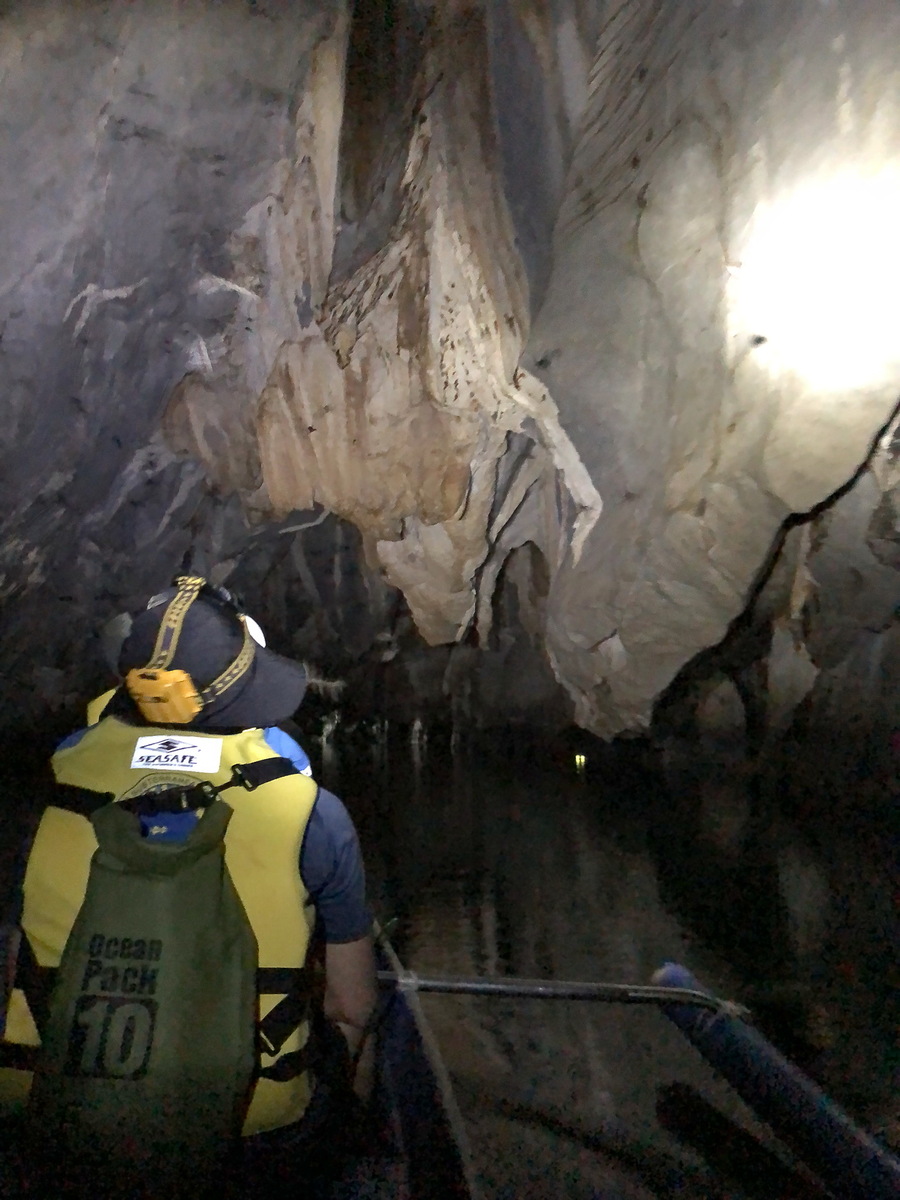 The team took a human-powered boat into the underground river cave.