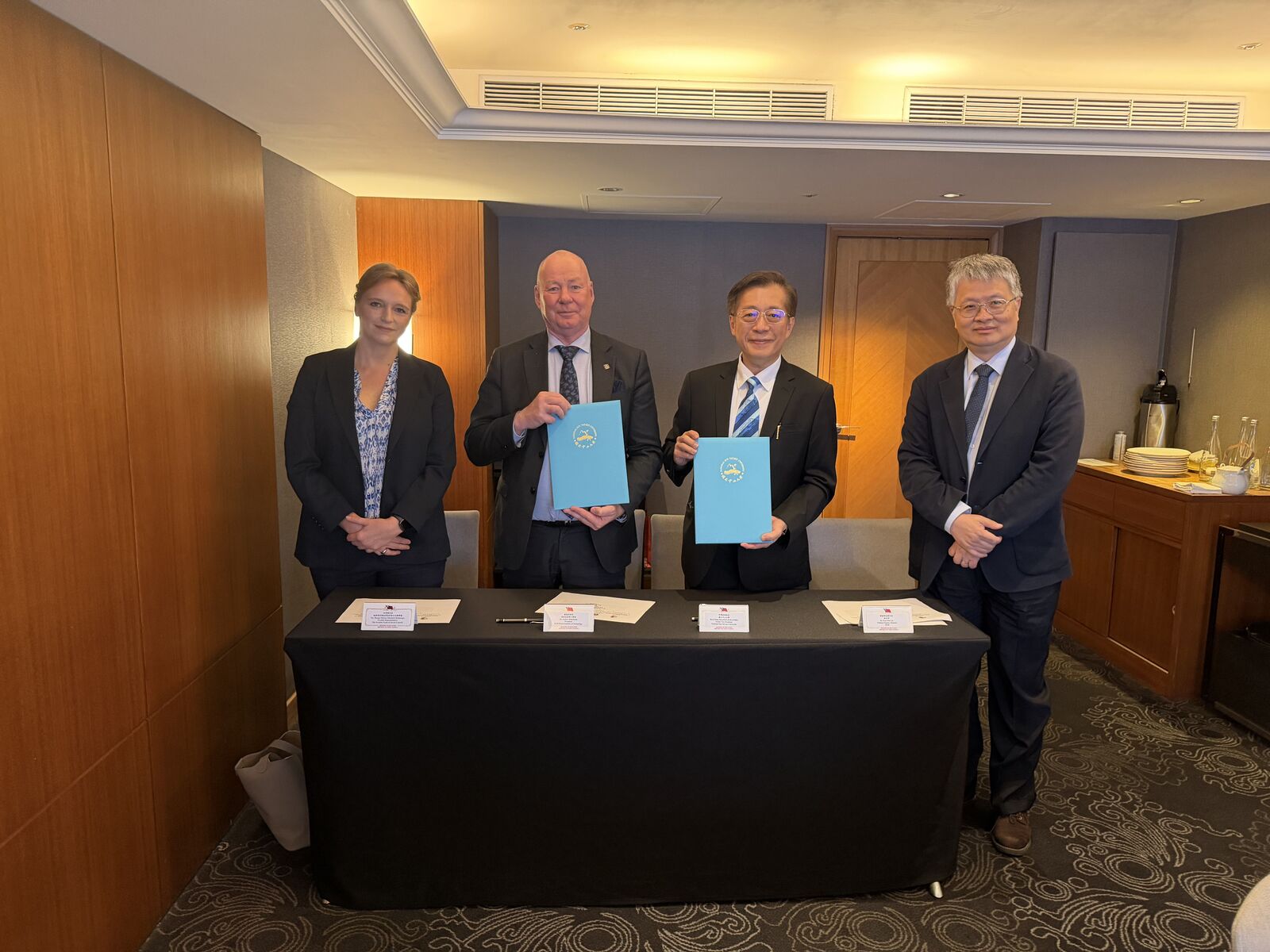 Signing ceremony between NSYSU and KTH. From left: Helena Reitberger; KTH President Anders Söderholm; NSYSU Senior Vice President Dr. Bor-Ching Sheu; Deputy Minister of Education Kuo-Wei Liu.Image