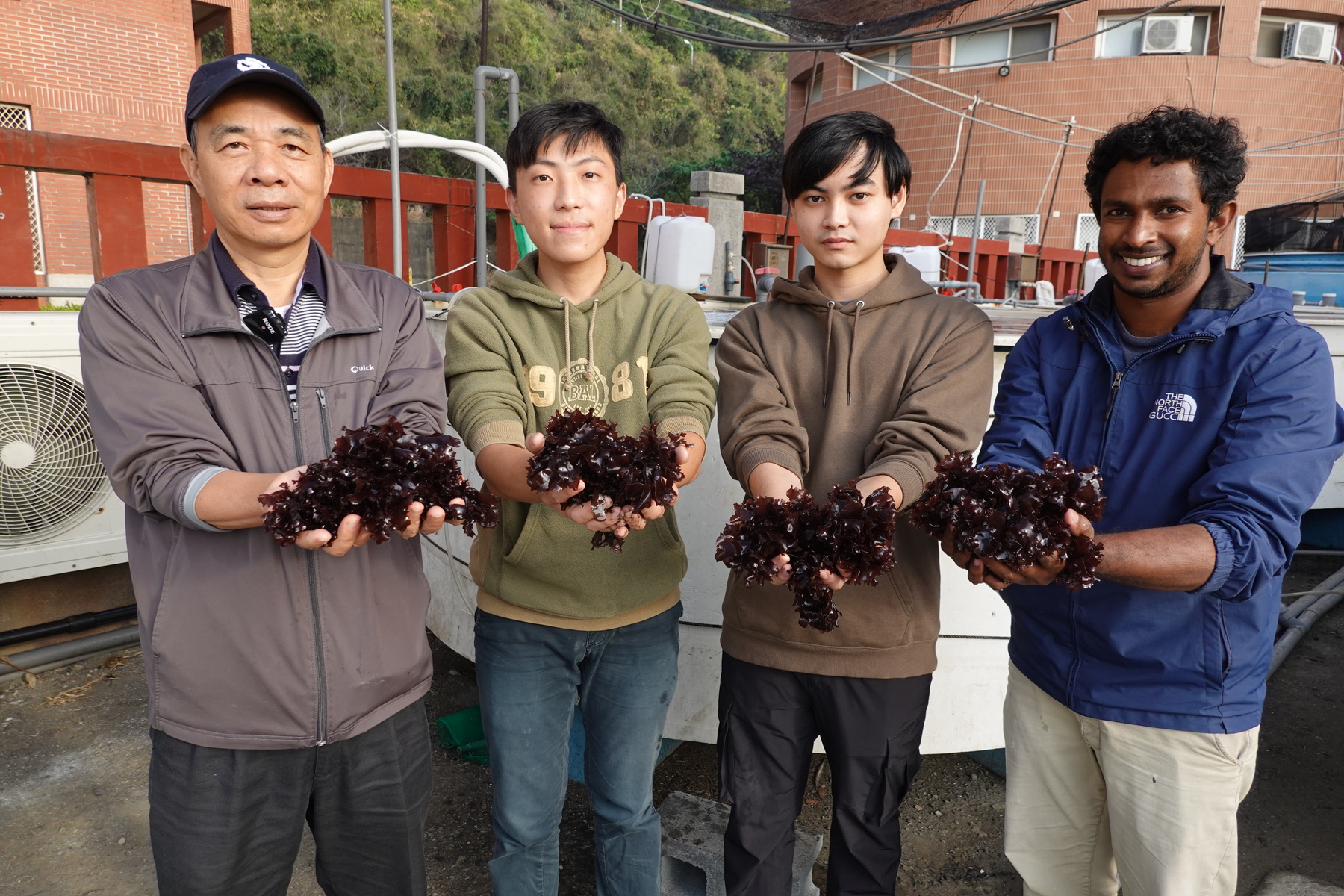 The research team led by Professor Chin-Chang Hung (first from the left of the photo), Dean of the College of Marine Sciences at NSYSU, has announced the team’s result that the carbon capture rate of seaweed Sarcodia suae in Taiwan is up to 30 tons per hectare per year, which is twice as high as that of Taipei Daan Forest Park.