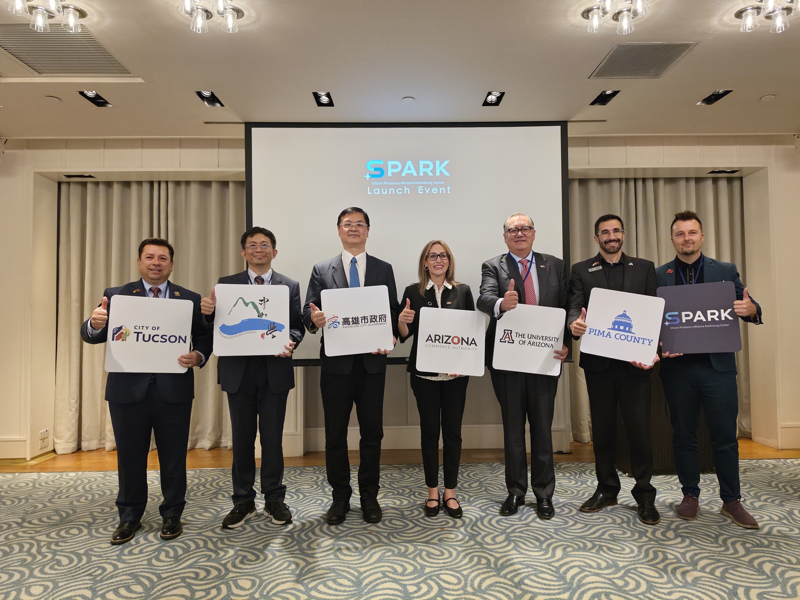 NSYSU and U of A announce the establishment of the Silicon Photonics Arizona–Kaohsiung Center (SPARK). From left: Tucson City Director of Economic Development Mike Czechowski; NSYSU President Chih-Peng Li; Kaohsiung Deputy Mayor Ta-Sheng Lo; Arizona Commerce Authority President and CEO Sandra Watson; U of A Senior Vice President Tomas Diaz de la Rubia; Pima County Supervisor Matt Heinz; and Pima County Director of Economic Development Heath Vescovi-Chiordi.Image