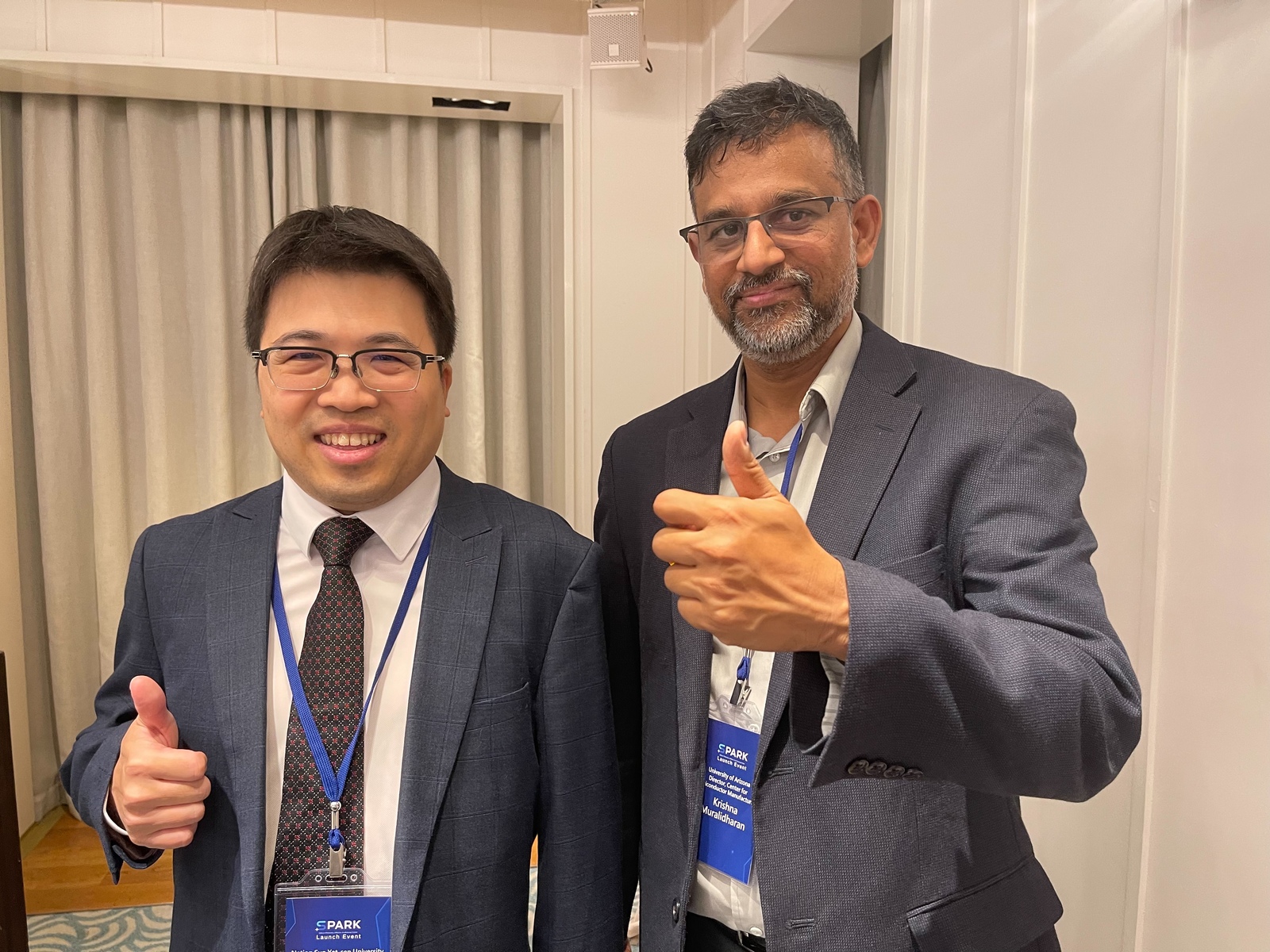 SPARK project leads from the two universities: NSYSU Professor Yung-Jr Hung of the Department of Photonics (left) and U of A Professor Krishna Muralidharan of the Department of Materials Science and Engineering.Image