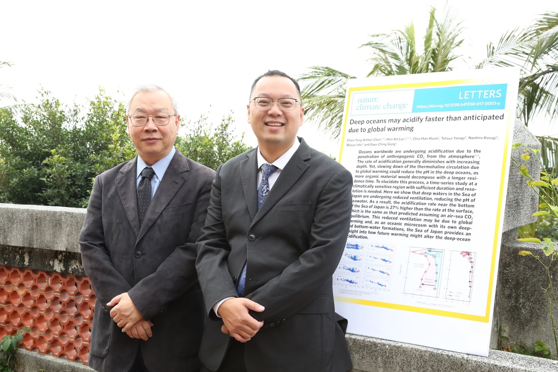 Chair Professor Chen-Tung Arthur Chen (left) and Dr. Hon-Kit Lui posing in front of their research poster