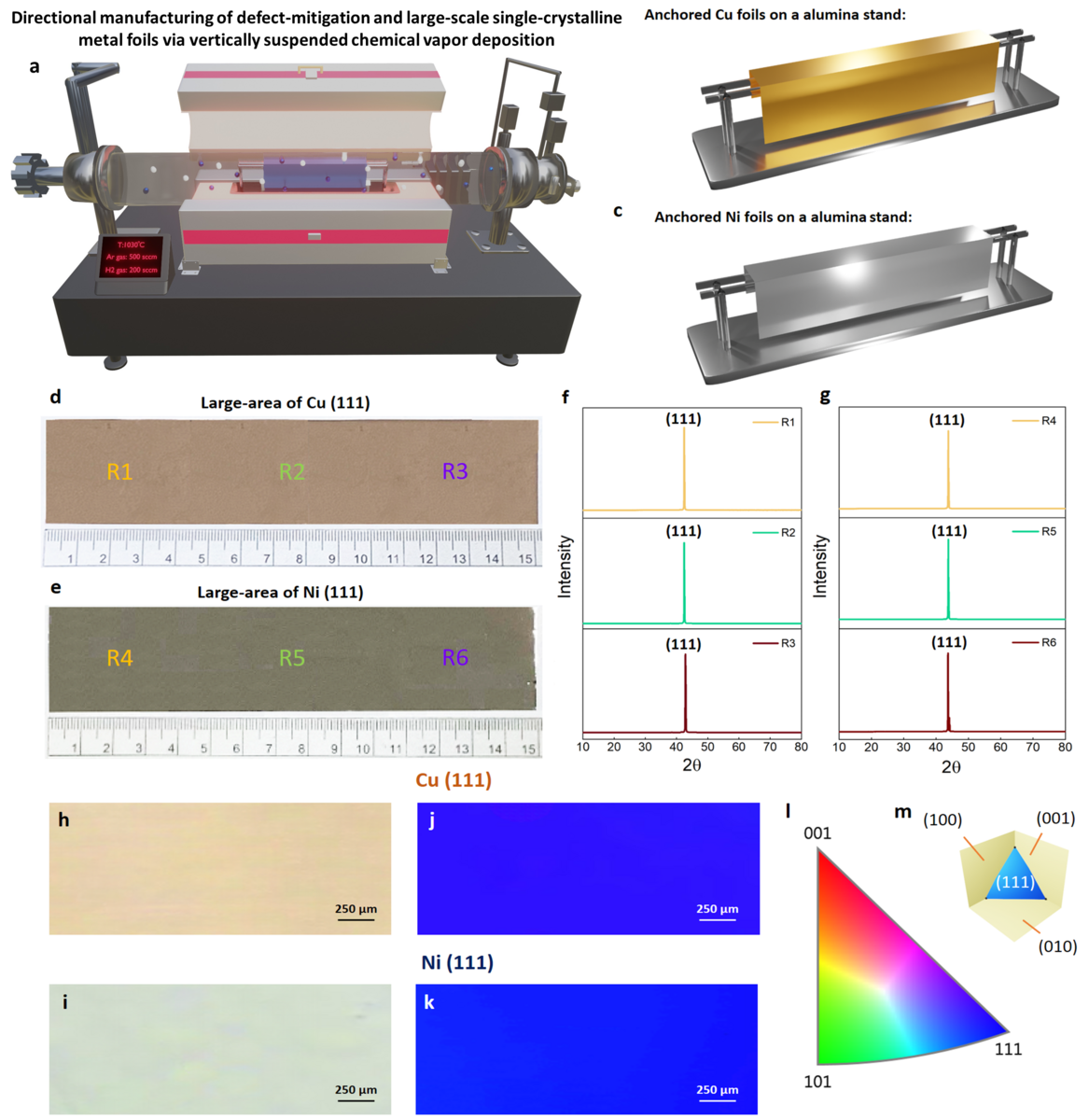 Directional manufacturing of defect-mitigation and large-scale single-crystalline metal foils via vertically suspended chemical vapor deposition.Image