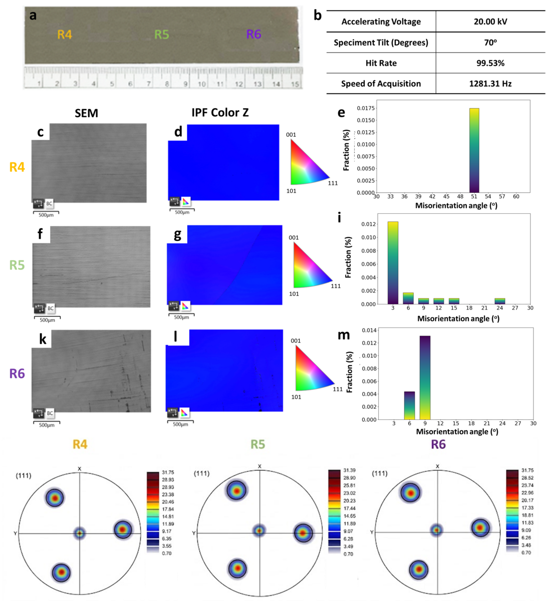Photographs, top-view SEM, IPF Z-axis color map, and pole figures of each region of large-scale single-crystalline Ni foils (111).Image