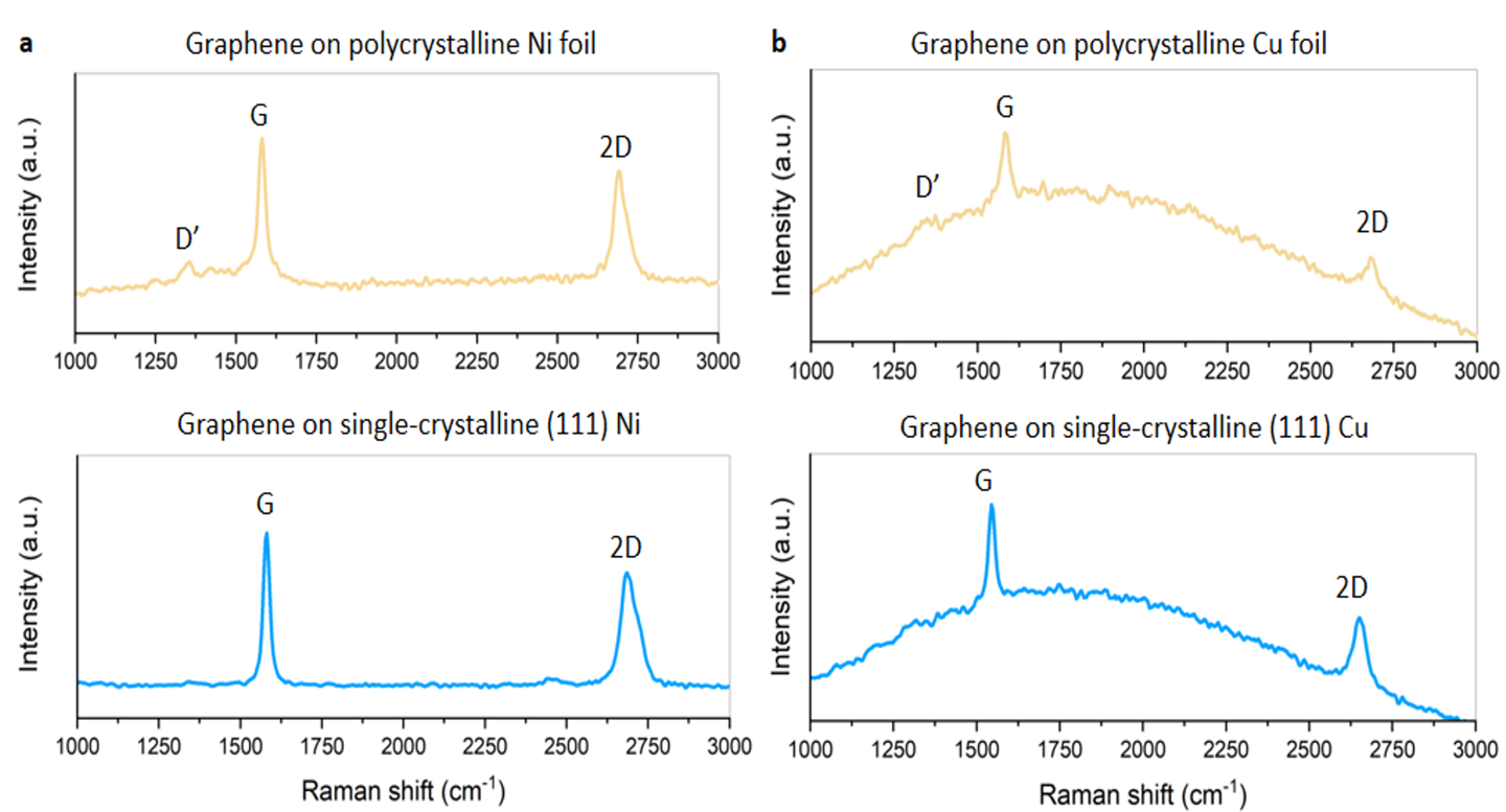 Raman spectra of graphene grown on polycrystalline and single-crystalline Ni (111) (a) and Cu (111) (b)Image