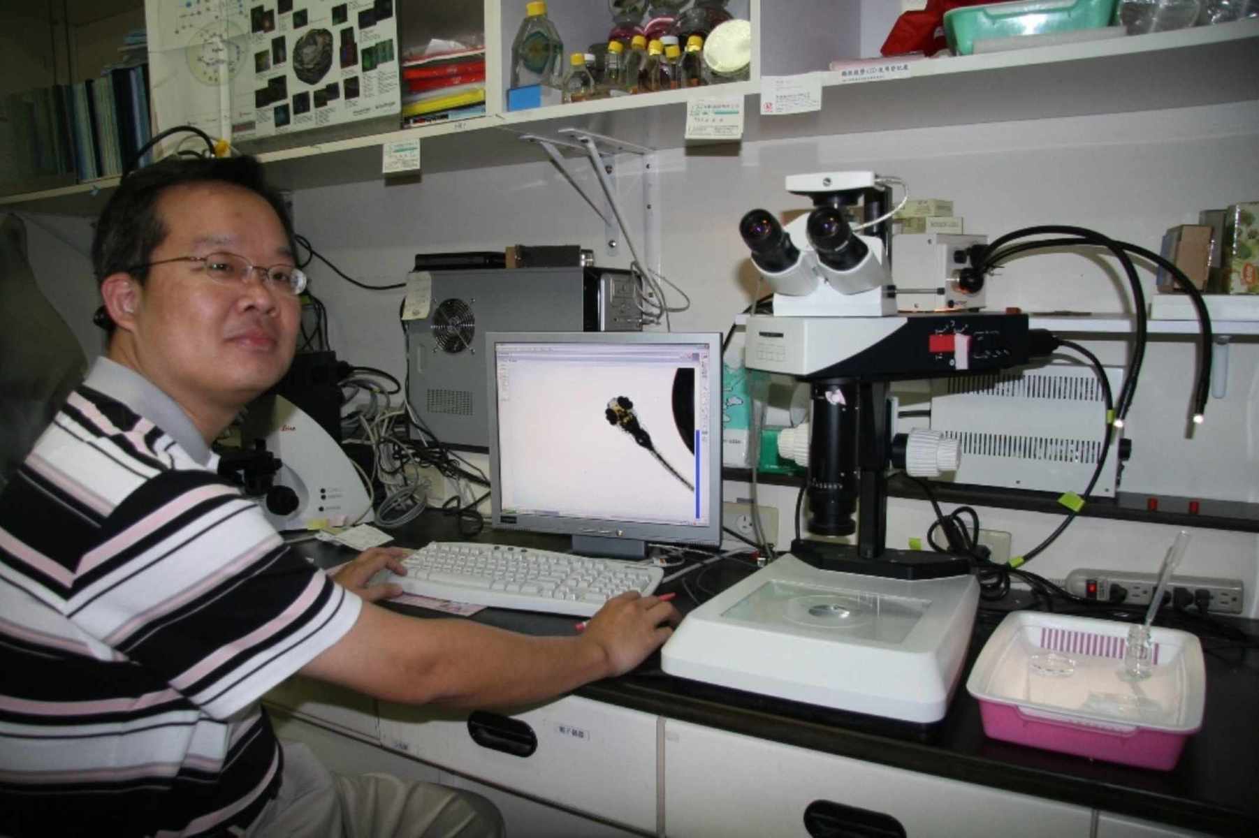溫志宏老師(左)將斑馬魚美白實驗結合生物顯微影像分析系統，建立出全新活體高效率美白分析模組。圖片