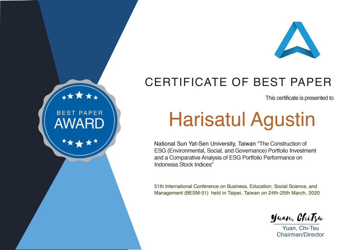 Harisatul Agustin was awarded the Best Paper Award of the 51th International Conference on Business, Education, Social Science, and Management