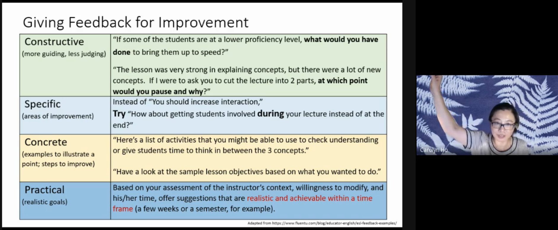 Dr.Ho shared the four principles for giving feedback on observing lessons.