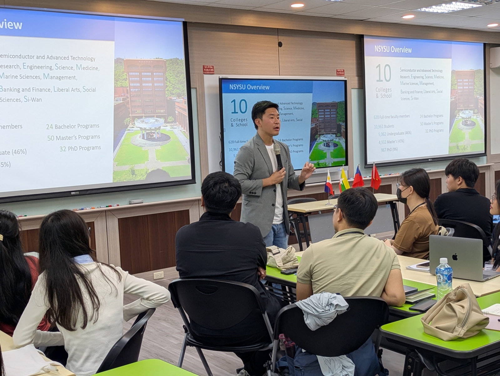 Dr. Lin Chin-ho, Division Director of Overseas and International Degree Student Affairs, Office of International Affairs, NSYSU, welcomes students from different countries to Sizihwan.Image