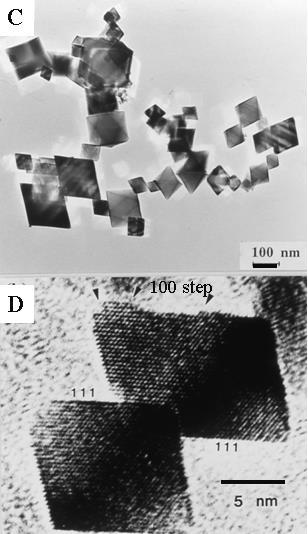 TEM (C) bright field image and (D) lattice image further support the epitaxial coalescence of the octahedral crystals with slight {100} facets.  This early laser ablation deposition result by Kuo L.Y., Lee W.S. and Shen P. * triggered our further pulsed laser ablation (PLA) study of (hkl)-specific oriented attachment of other nanocrystals toward unification with accompanied generation of dislocations and planar defects.  Some high-pressure stabilized phases due to rapid heating and cooling of the nanocondensates were successfully synthesized via such a dynamic PLA process in air, vacuum or liquid. * L.Y. Kuo, P. Shen, Mater. Science and Eng. (A). 277 (2000) 258 W.H. Lee, P. Shen, J. Solid State Chem. 166 (2002) 197.圖片