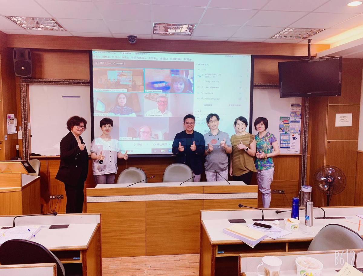 Lin's doctoral thesis defense. From the left are: Assistant Professor Kai-Yin Allison Haga, Lin’s thesis supervisor at NSYSU side Distinguished Professor Da-Chi Liao, Hsien-Ming Lin, and Professor Frank C.S. Liu of the Institute of Political Science, Director of the Institute of Marketing Communication Professor Ping Shaw, Associate Professor Fen-Fang Tsai of National Central University. Committee members of KU Leuven participated online in the defense: Professor of the Institute for Media Studies Leen d’Haenens, Associate Professor of the Faculty of Social Sciences Ching Lin Pang (Lin’s supervisor at KU Leuven’s side), Associate Professor of the Faculty of Social Sciences Patrick Devlieger, and an online academic participant - Associate Professor of the Faculty of Arts Lut Lams.