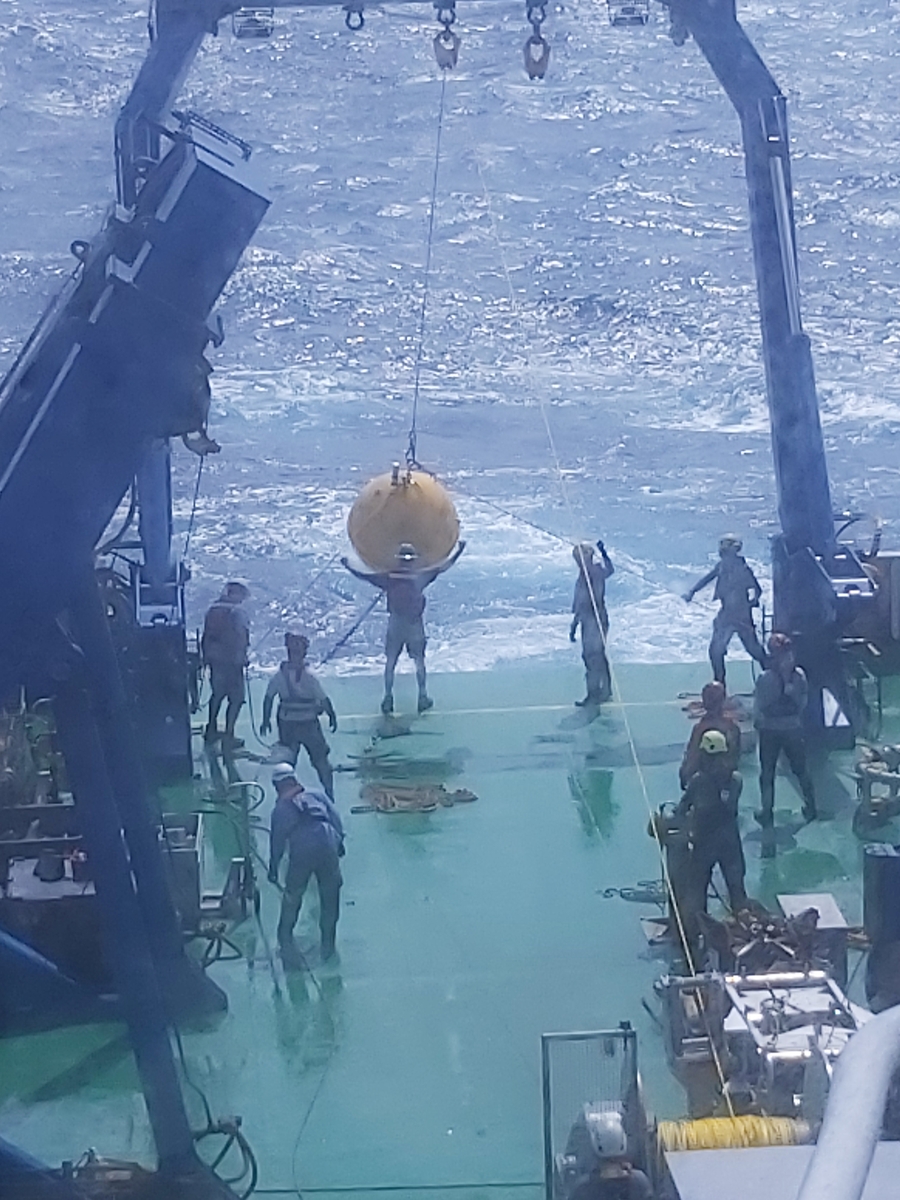 The last part of the acoustics experiment: retrieving the acoustic mooring. / photo provided by Associate Professor Linus Yung-Sheng Chiu