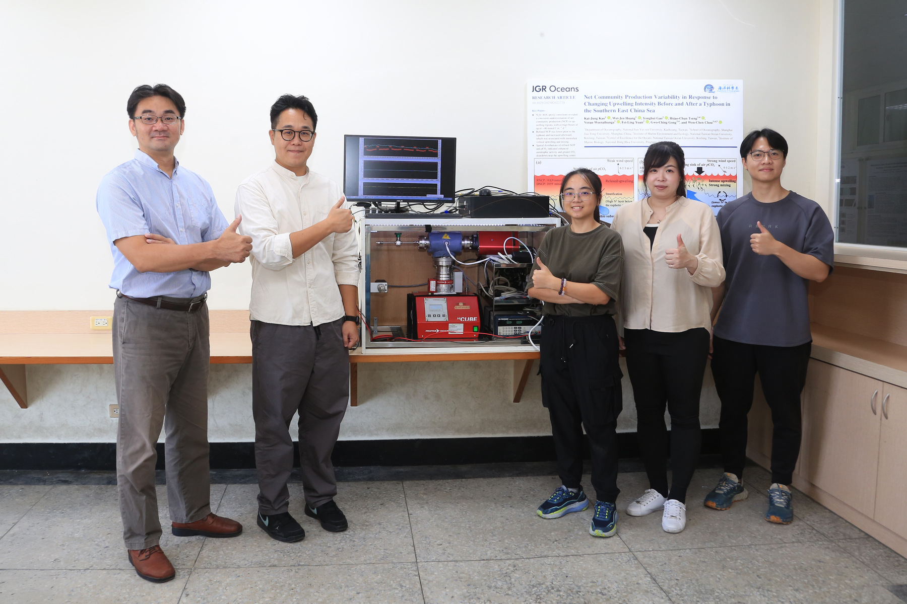 Professor Wei-Jen Huang (first from left) led his research team from Department of Oceanography NSYSU to conduct high-temporal-resolution carbon cycle observations in the upwelling zone using an equilibrator inlet mass spectrometry. The study revealed how typhoons enhance ocean productivity and CO2 absorption, and was published in an international journal.Image