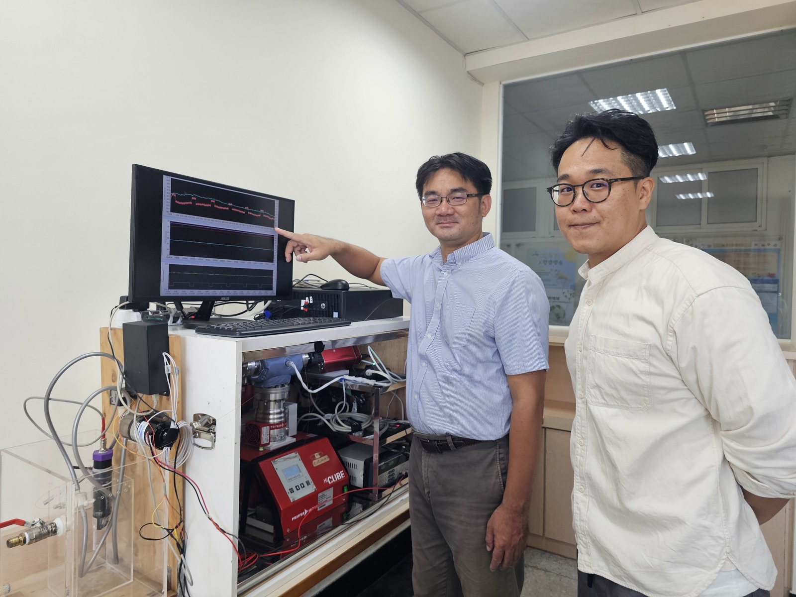 Professor Wei-Jen Huang (left) and Postdoctoral Research Fellow Kai-Jung Kao (right) from Department of Oceanography NSYSU used an equilibrator inlet mass spectrometry er to capture the 'breathing rhythm' of the ocean before and after the typhoon disturbance, revealing how it regulates its carbon cycle under extreme conditions.Image