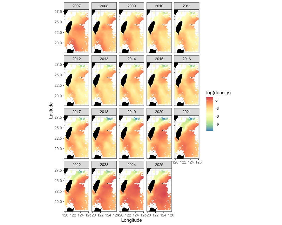Spatiotemporal distribution of Pacific bluefin tuna density from 2007 to 2025. Stock abundance reached its lowest level in 2012 (shown mainly in yellow) and has recovered in recent years (shifting toward red).Image