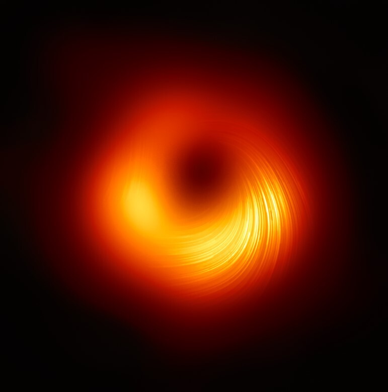 The Event Horizon Telescope project, of which Assistant Professor Cheng-Yu Kuo of the Department of Physics at NSYSU is a member, published the second-ever image of a black hole: a polarised-light image of a black hole in the center of M87 Galaxy last year. The lines indicate the polarization direction related to the magnetic field around the black hole. / Photo by EHT Collaboration
