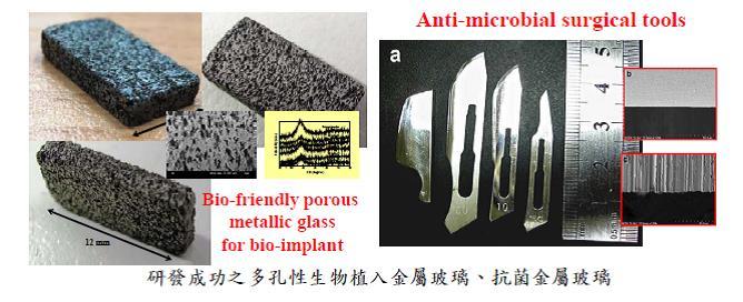 研發成功之多孔性生物植入金屬玻璃、抗菌金屬玻璃圖片