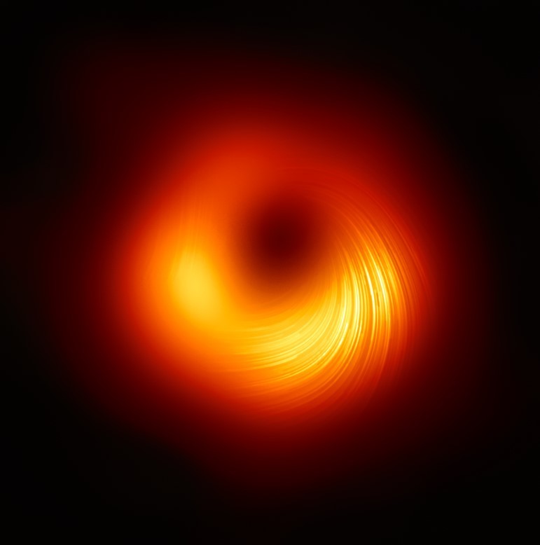 Polarised-light image of a black hole in the center of M87 Galaxy. The lines indicate the polarization direction related to the magnetic field around the black hole. / Photo by EHT Collaboration