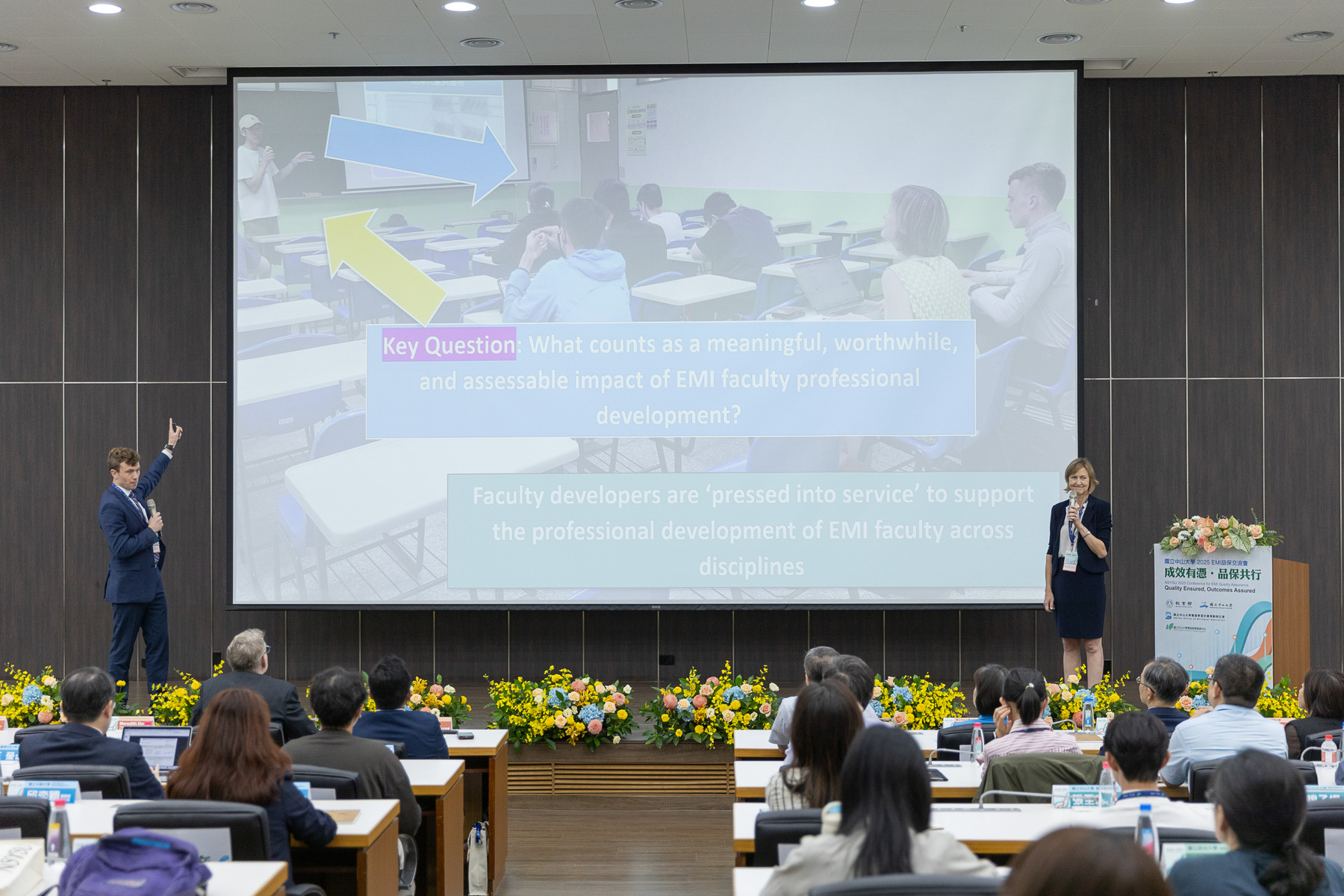 In the keynote session, Dr. Meredith Doran (right), Director of the English for Professional Purposes Intercultural Center at The Pennsylvania State University, and Dr. Jacob Rieker (left) shared global trends in EMI quality assurance.Image