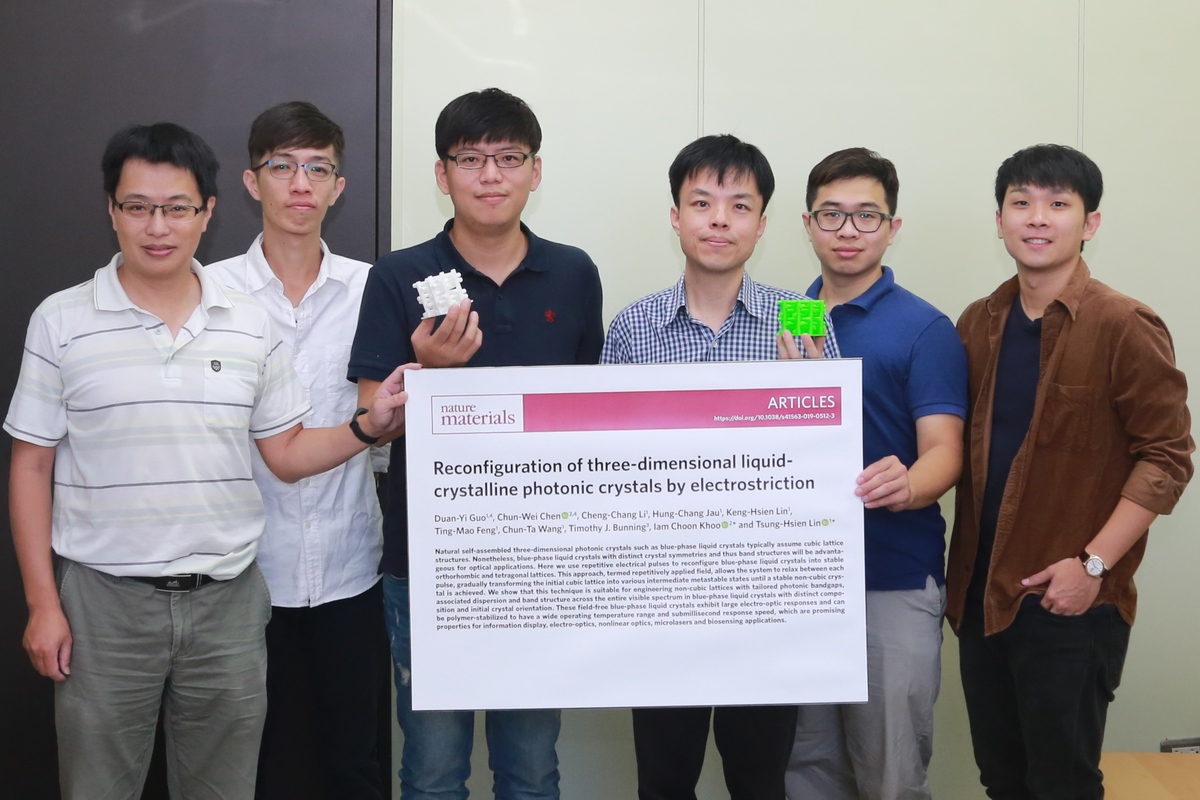The team was the first to develop the repetitively-applied field (RAF) technique, which gave a fresh look on the complicated bandgap control of photonic crystals. From the left, are: postdoctoral researcher of the Department of Photonics Hung-Chang Jau, doctoral student Duan-Yi Guo, Assistant Professor Chun-Ta Wang, Distinguished Professor Tsung-Hsien Lin, master program student Keng-Hsien Lin and doctoral student Cheng-Chang Li.Image